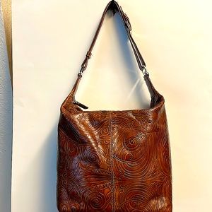 Cole Haan Chestnut Brown Hand Tooled Leather Hobo Shoulder Bag - Preowned